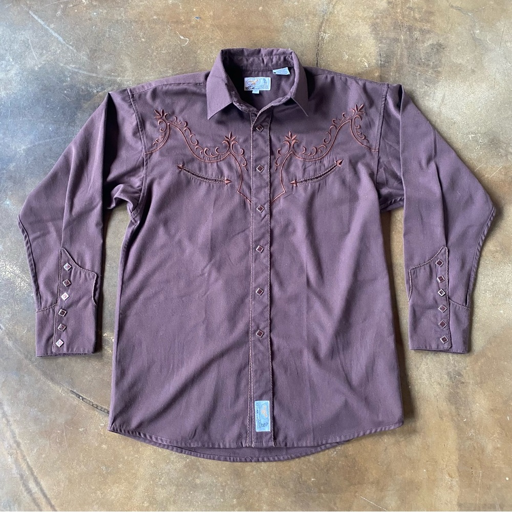VTG Panhandle Slim Western Cowboy Pearl Snap Embroidered Rodeo Brown Shirt
